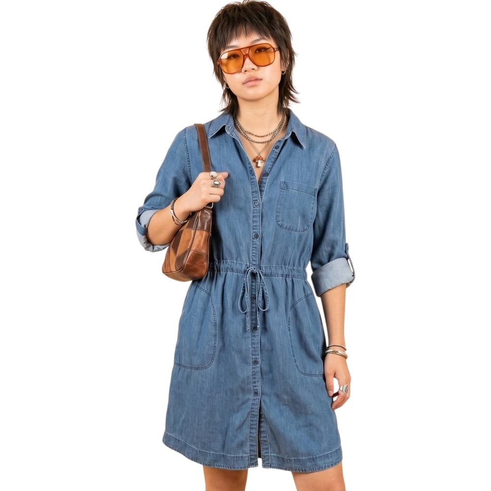 ATHLETA To The Point Chambray Candid Shirtdress Small Tencel Button Down Pockets - Picture 7 of 10